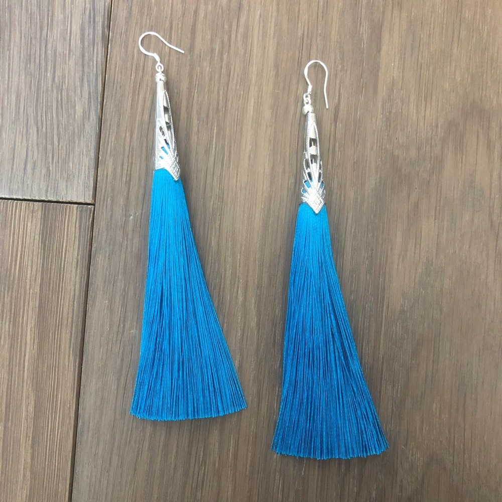 NWOT 925 silver blue tassel dangling earrings cute chic gift present